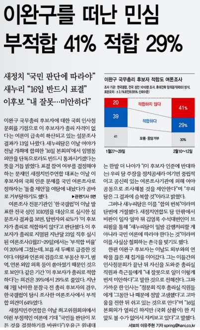 시중 여론은 '최악' 총리 후보자에 대한 여론조사가 한창이다. 흔치 않은 일이다. 인사청문회 직후의 민심은 그에게 부적격 심판을 내렸다. 이를 보도한 <한겨레> 2월 14일자 1면