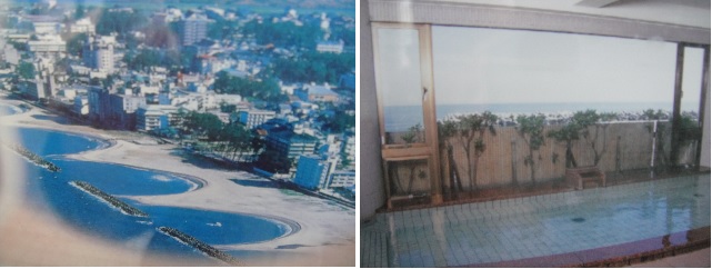 가이케 온천 근처 바닷가는 바닷물에 의한 침식을 방지하기 위해서 방파제를 만들어 두었습니다. 오른쪽 사진은 바닷가를 보면서 온천욕을 즐길 수 있는 곳입니다. 