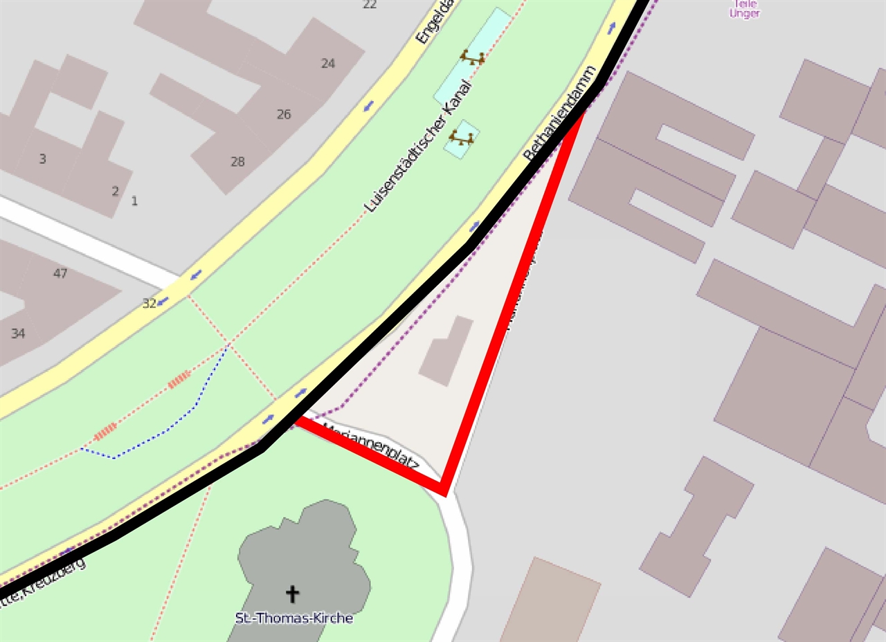 '검은 선'은 실제 장벽이 지어진 개략적인 위치를 의미하고, '빨간 선'은 실제 동 베를린의 영토를 의미한다. 두 선 사이의 공간이 Osman Kalin씨가 농작을 한 곳이다. (OpenStreetMap 수정)