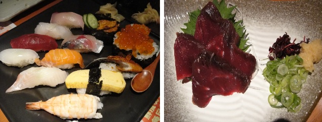        생선초밥과 고래고기회입니다. 생선초밥은 밥 위에 여러 가지 생선이나 성개알, 연어알 따위를 얹어서 만듭니다. 고래 고기를 먹는 습관은 일본 사람들이 오래전부토 지녀온 전통문화라고 합니다. 