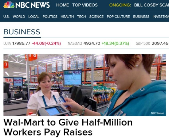 월마트의 임금 인상을 보도하는 미국 NBC 뉴스 갈무리.