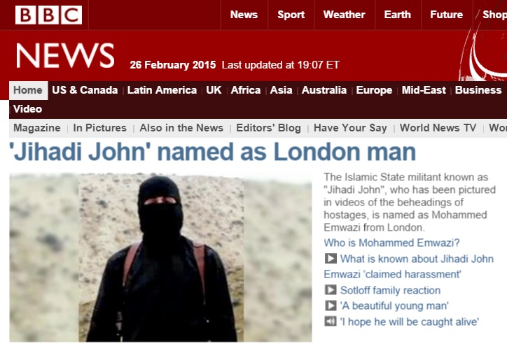 이슬람국가(IS) 인질 살해 영상 인물의 신원 확인을 보도하는 영국 BBC 뉴스 갈무리.