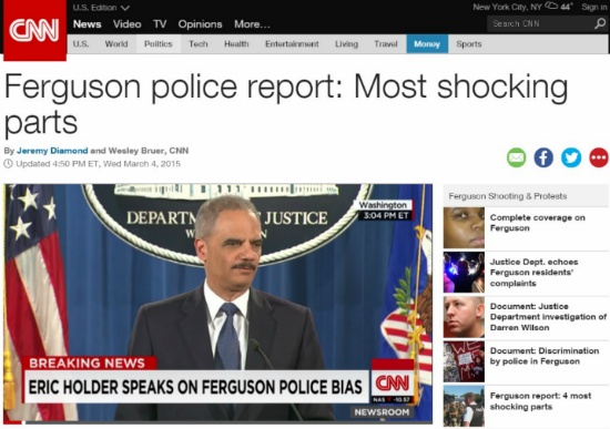 에릭 홀더 미국 법무부 장관의 퍼거슨시 사태 인종차별 조사 보고서 발표를 보도하는 CNN 뉴스 갈무리.