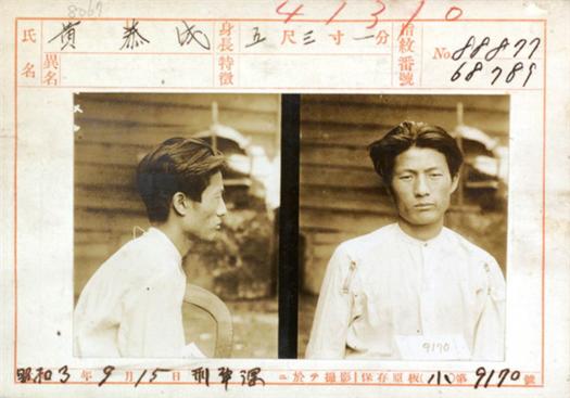 황태성, 1928년 9월 15일 치안유지법사건으로 체포되어 경기도 경찰부 형사과에서 촬영한 사진.