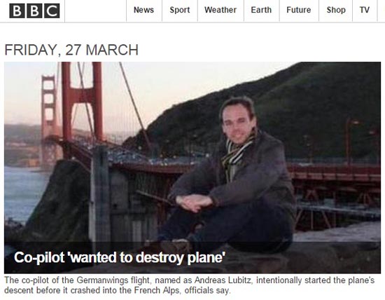저먼윙스 여객기를 의도적으로 추락시켰다는 의혹을 받고 있는 부조종사를 보도하는 BBC 뉴스 갈무리.