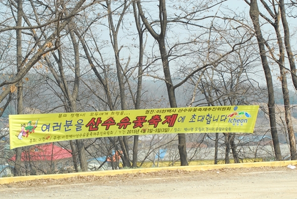 이천시 곳곳에 산수유축제를 알리는 현수막이 걸려있다