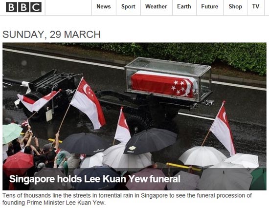리콴유 전 싱가포르 총리의 장례식을 보도하는 영국 BBC 인터넷판 갈무리.