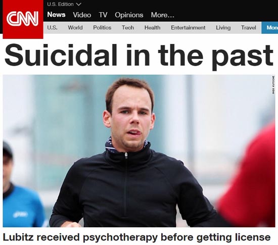 독일 저먼윙스 여객기를 추락시킨 의혹을 받고 있는 안드레아스 루비츠 부기장의 과거 정신질환 병력을 보도하는 CNN 뉴스 갈무리.
