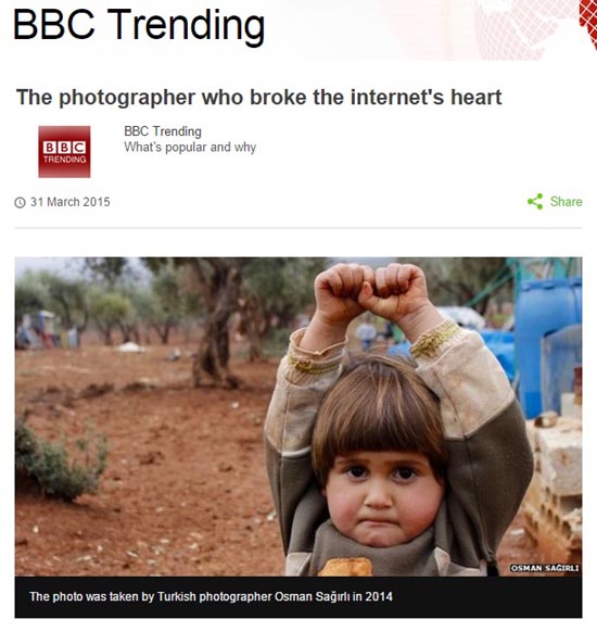 인터넷에서 화제가 된 시리아 난민촌 아이의 사진을 소개하는 BBC 뉴스 갈무리.