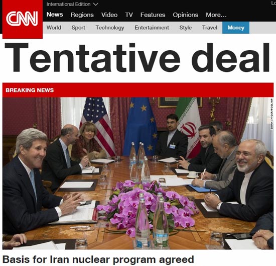 이란 핵 협상의 잠정 타결을 긴급 속보로 보도하는 CNN 뉴스 갈무리.
