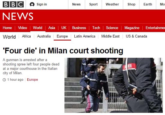 이탈리아 법원에서 발생한 총격 사건을 보도하는 BBC 뉴스 갈무리.