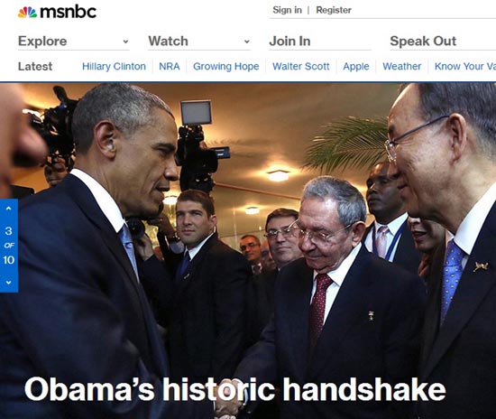 버락 오바마 미국 대통령과 라울 카스트로 쿠바 국가평의회 의장의 만남을 보도하는 NBC 뉴스 갈무리.