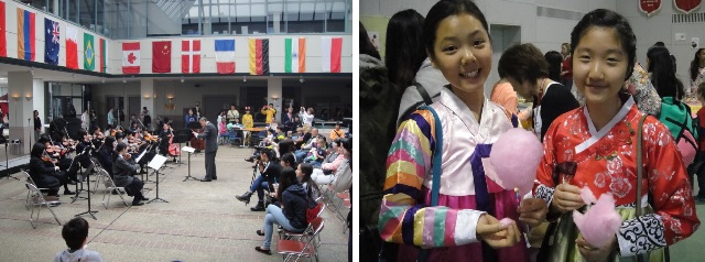        이웃 일본 학교 고등학교 오케스트라가 참가하여 일본 민요를 연주하여 흥을 돋구었습니다. 오른쪽 사진은 한복을 입고 나온 한국 학생입니다.