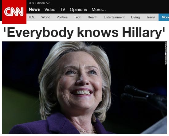  힐러리 클린턴 전 국무장관의 대선 출마 선언을 보도하는 CNN 뉴스 갈무리.