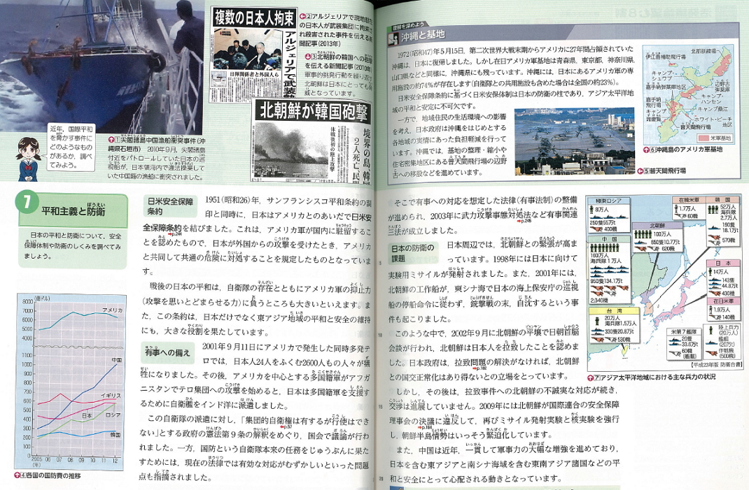 2015년 검정 통과 된 일본 중학교 공민 교과서의 일부. 자위대 서술이 대폭으로 증가했다.