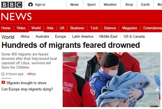 지중해 해상에서 발생한 난민선 전복 사고를 보도하는 영국 BBC 뉴스 갈무리.