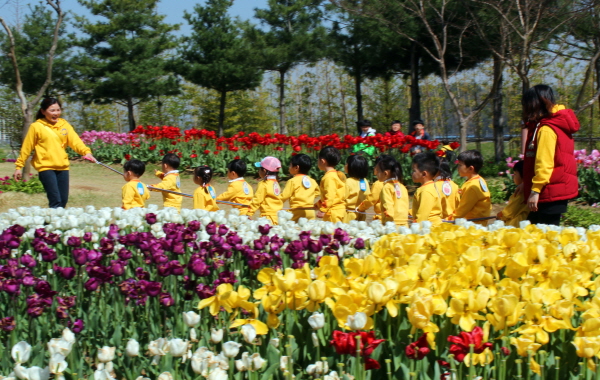 노란 병아리떼처럼 아이들이 봄꽃축제장을 쫑쫑쫑 다닌다.
