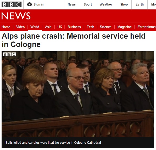 독일 쾰른 대성당에서 열린 저먼윙스 추락 사고 희생자 추모식을 보도하는 BBC 뉴스 갈무리.