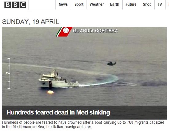 지중해 해상에서 발생한 난민선 전복 사고를 보도하는 BBC 뉴스 갈무리.