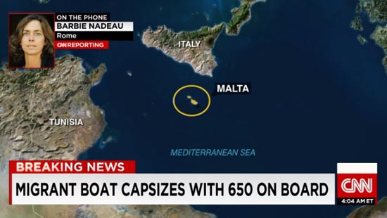 지중해 해상에서 발생한 난민선 전복 사고를 보도하는 CNN 뉴스 갈무리.