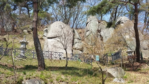 자연 암벽에 조상한 고려시대의 마애여래입상. 바위의 좌측이다