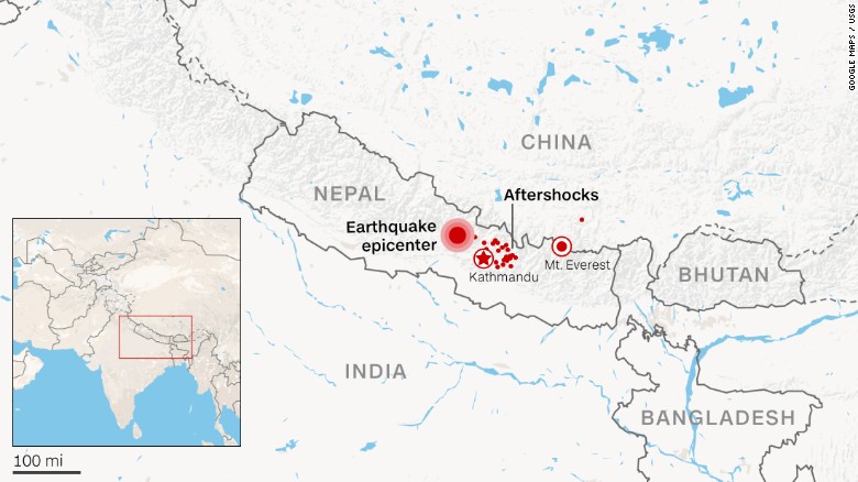 미국 지질조사국(USGS)이 발표한 네팔 지진 진앙 위치.
