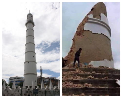 유네스코 세계문화유산에 등재된 카트만두의 상징적 건축물 빔센(다라하라)타워가 두 동강 나버렸다. 허물어지기 전에 빔센(다라하라)는 2011년 8월 촬영한 사진이다.