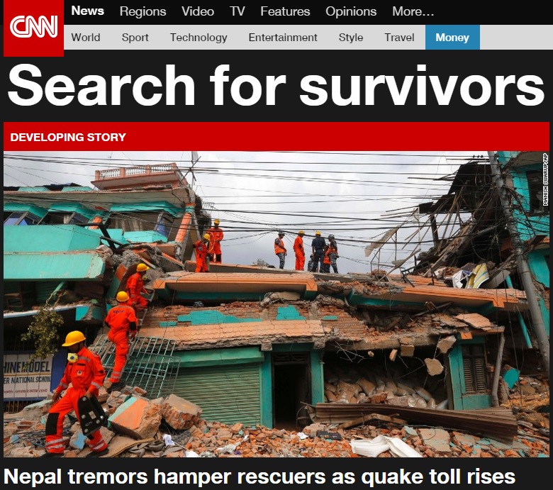 네팔 대지진 피해 상황을 보도하는 CNN 뉴스 갈무리.