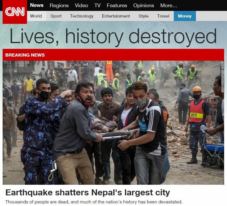 네팔 지진 피해 상황을 보도하는 CNN 뉴스 갈무리.