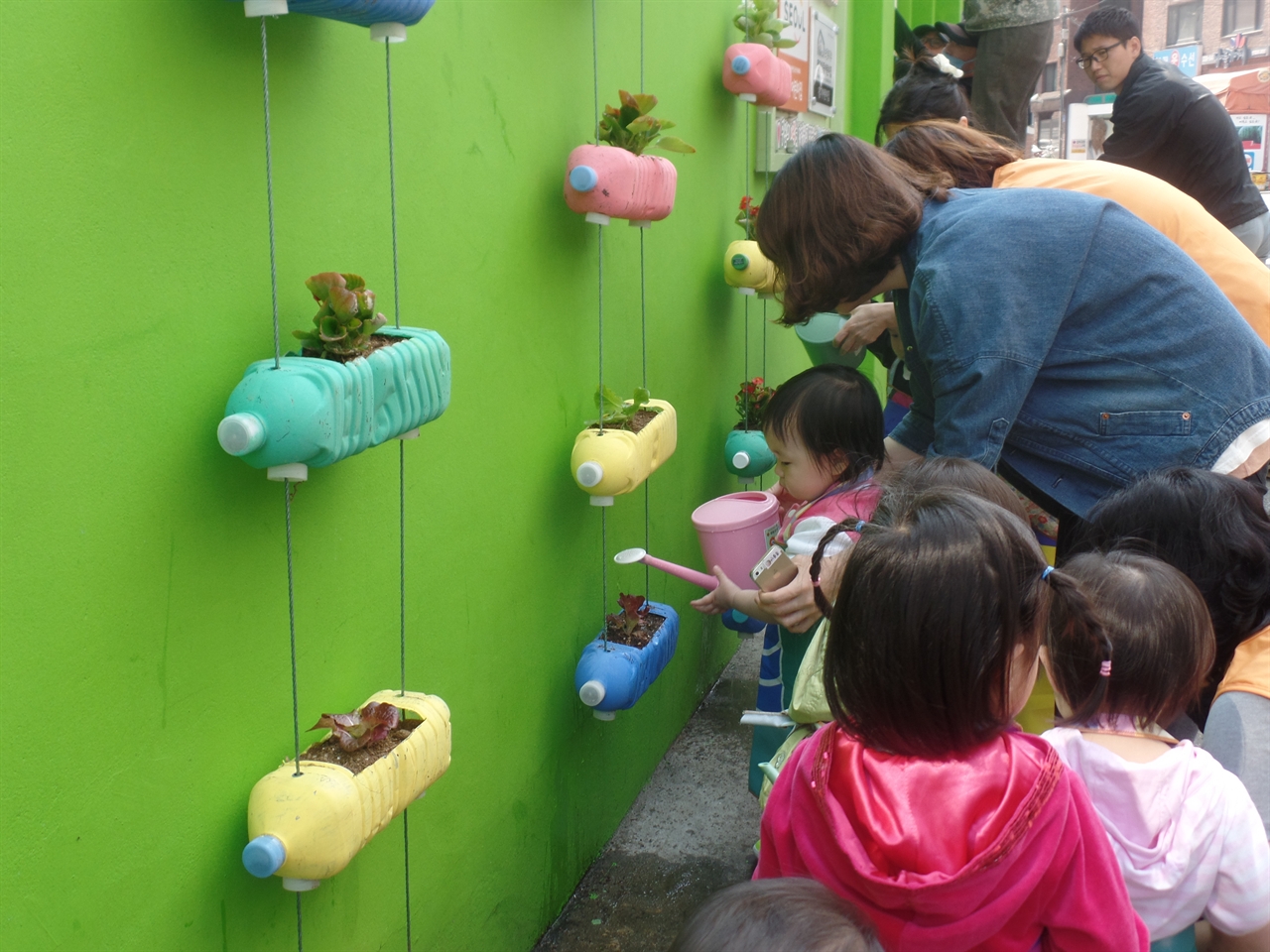 합정동 경기 어린이집 아이들이 손수 식물에 물을 주고 있다