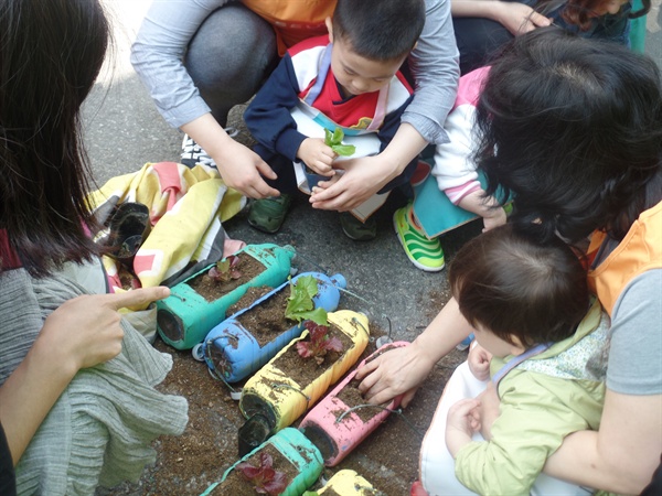 경기 어린이집 아이들이 화분에 손수 식물을 심고있다. 