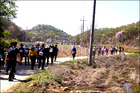 2015 평화누리길 걷기 참가자들이 마을길을 지나고 있다. 