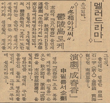 영화 <동백 아가씨> 울릉도 촬영을 소개한 <경향신문> 1964년 8월 19일자 기사