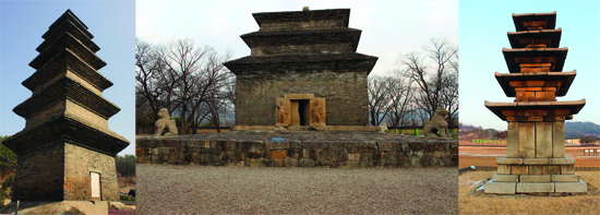 (왼쪽부터) 안동 법흥동 전탑, 분황사탑, 정림사터 석탑 