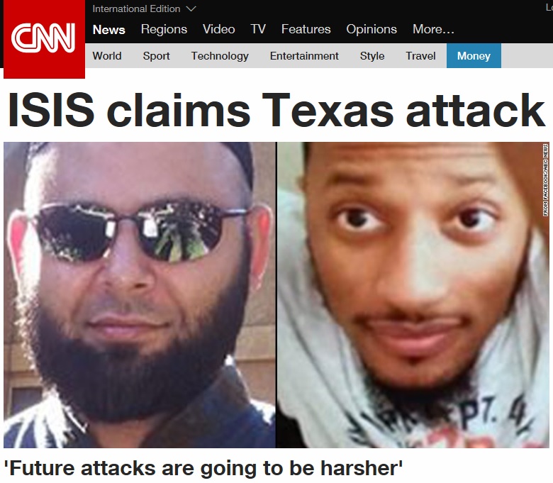 이슬람국가(IS)의 미국 텍사스주 총기 난사 사건 주장을 보도하는 CNN 뉴스 갈무리.