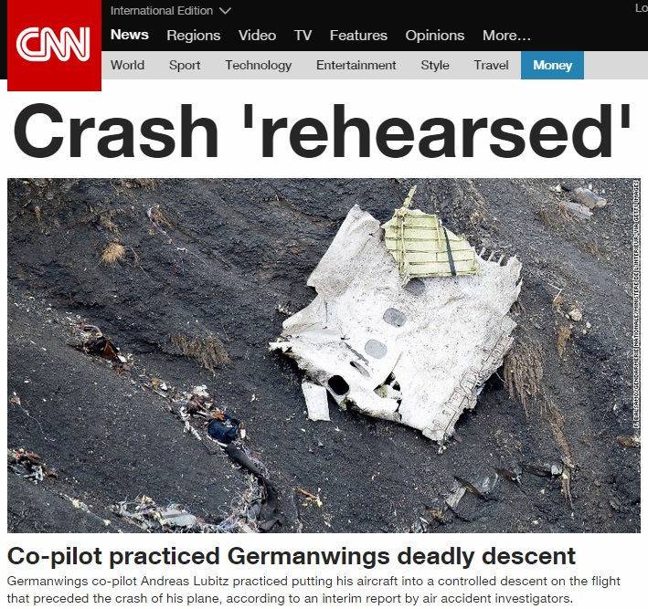 독일 저먼윙스 추락 사고 여객기의 블랙박스 판독 결과를 보도하는 CNN 뉴스 갈무리.