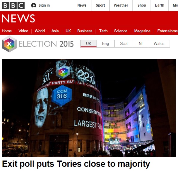 영국 총선 출구조사 결과 보수당의 승리를 예상한 BBC 뉴스 갈무리.