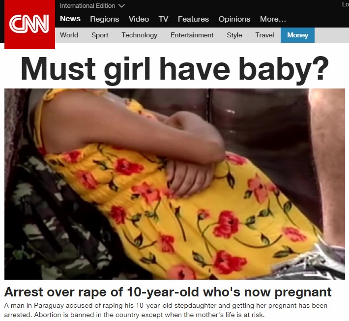 의붓아버지의 성폭행으로 임신한 파라과이 10세 소녀의 낙태 허용을 둘러싼 논란을 보도하는 CNN 뉴스 갈무리.