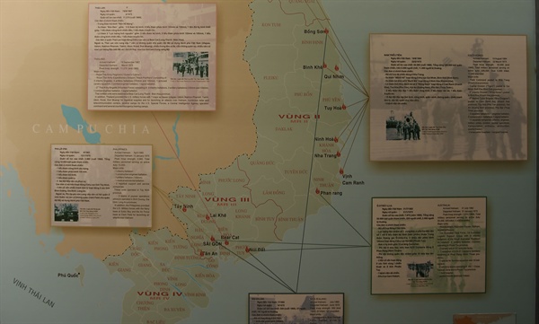 전쟁증적박물관에 전시된 베트남전(1962~1973년) 당시 남베트남의 미국 '위성국가' 군대의 주둔지역 지도. 오른쪽 상단이 청룡부대를 포함한 한국군 주둔지역으로 한국군은 가장 먼저 참전해 가장 늦게까지 남았다.