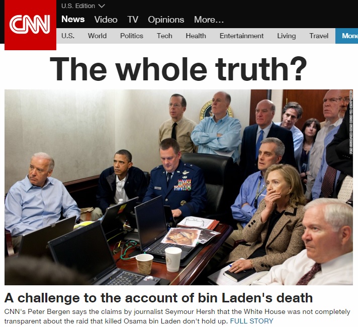 미국 정부의 2011년 오사마 빈 라덴 사살 작전의 거짓 발표 주장을 보도하는 CNN 뉴스 갈무리.