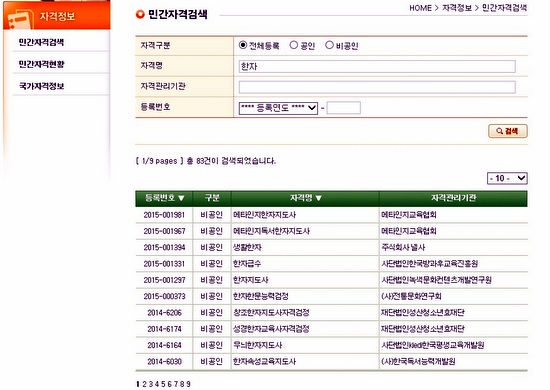 한국직업능력개발원의 민간자격서비스 사이트에 나와 있는 한자자격시험 종류.  