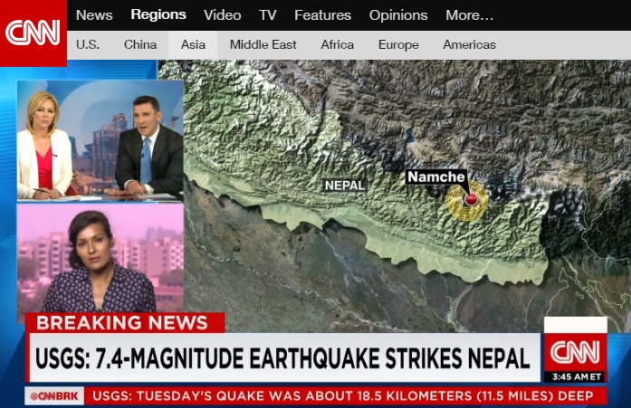 네팔 지진 상황을 보도하는 CNN 화면 갈무리