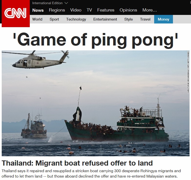 동남아 국가들의 수용 거부로 공해상을 떠도는 로힝야족 난민선 표류 사태를 보도하는 CNN 뉴스 갈무리.