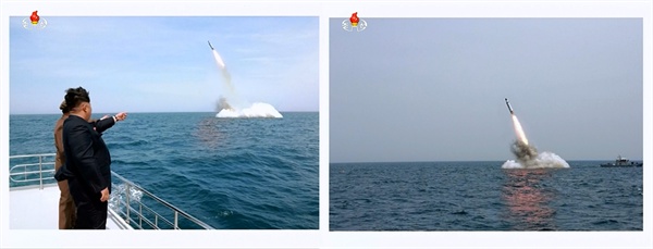 북한 조선중앙TV가 지난 9일 보도한 '잠수함 발사 탄도미사일'(SLBM) 발사 장면.