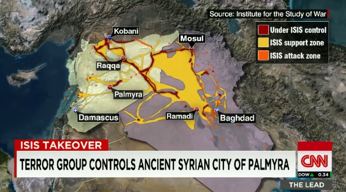 이슬람국가(IS)의 시리아·이라크 내 세력 확장을 보여주는 CNN 뉴스 갈무리.