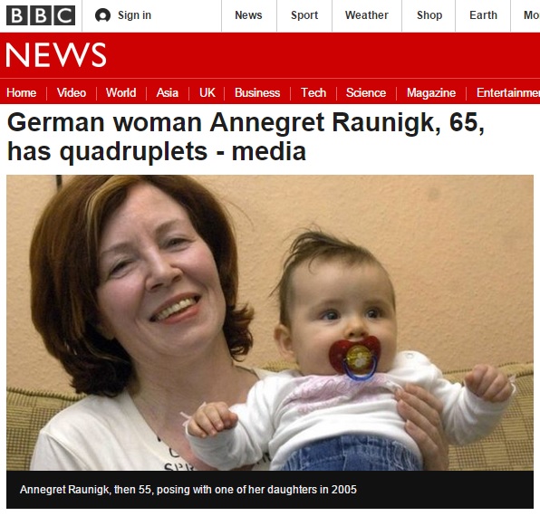 독일 65세 여성의 네 쌍둥이 출산 소식을 보도하는 BBC 뉴스 갈무리.