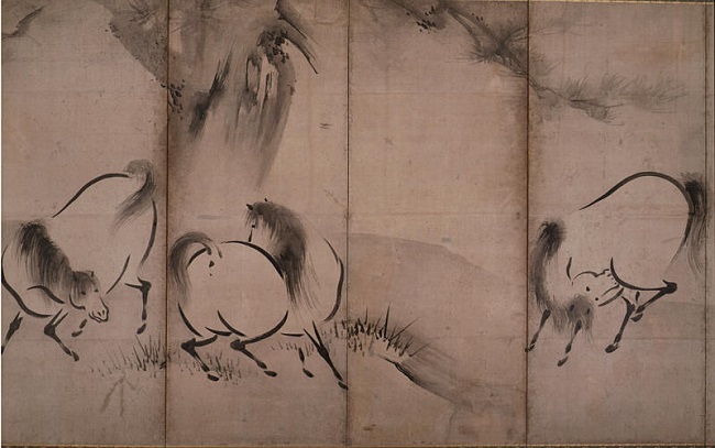 가이호(海北友松, 1533-1655년)의 군마도(群馬圖) 병풍 그림입니다.