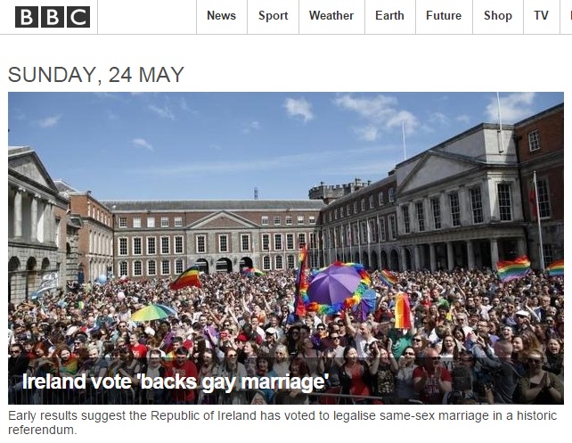동성결혼을 인정하는 아일랜드 국민투표 결과를 보도하는 BBC 뉴스 갈무리.
