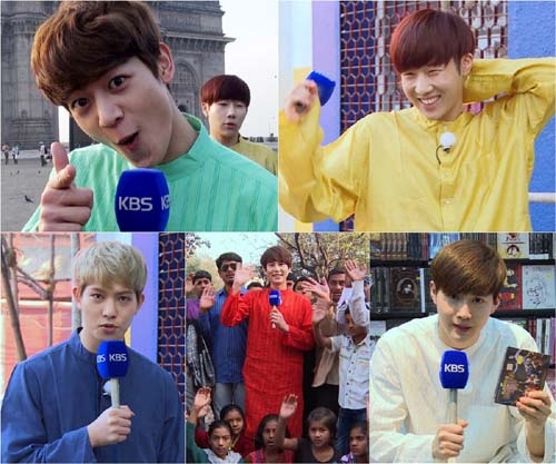  KBS 예능프로그램 <두근두근 인도>에 출연해 KBS 뉴스 마이크를 손에 든 아이돌 스타들