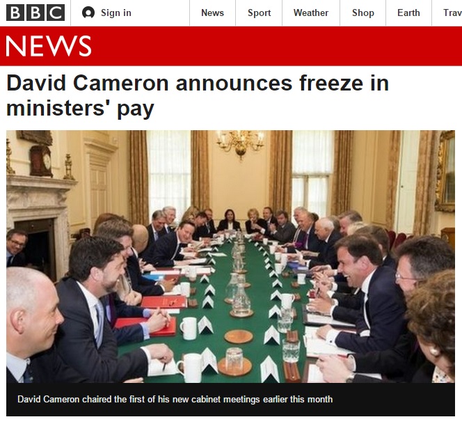 영국 정부의 총리 및 장관 봉급 5년간 동결을 보도하는 BBC 뉴스 갈무리.